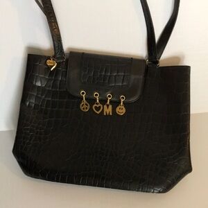 Vintage Moschino Crocodile Pattern leather Tote Bag with Charms Happy face heart